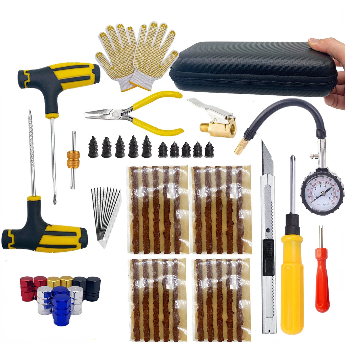 Emergency Tubeless Tire Repair Kit With T-Handle Plug Tools, Repair Strips & Storage Case