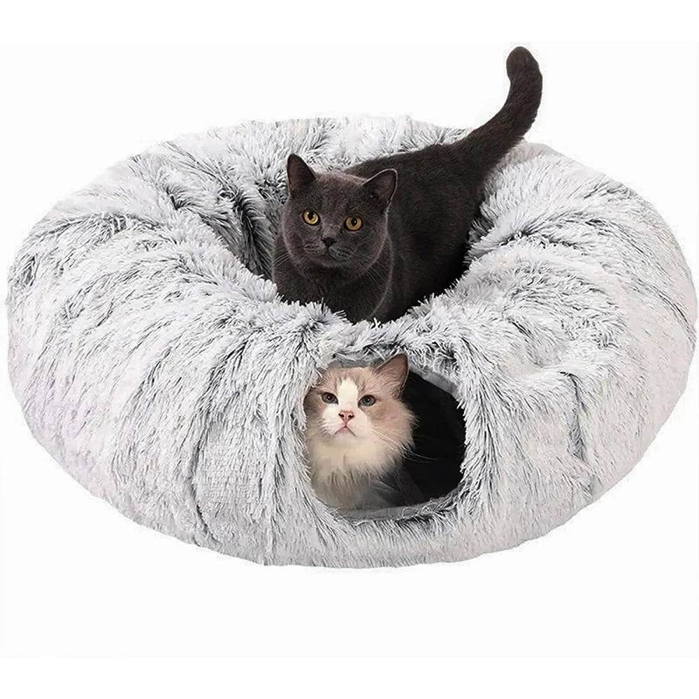 2-In-1 Plush Cat Tunnel Bed – Foldable Warm Round Hideaway Nest