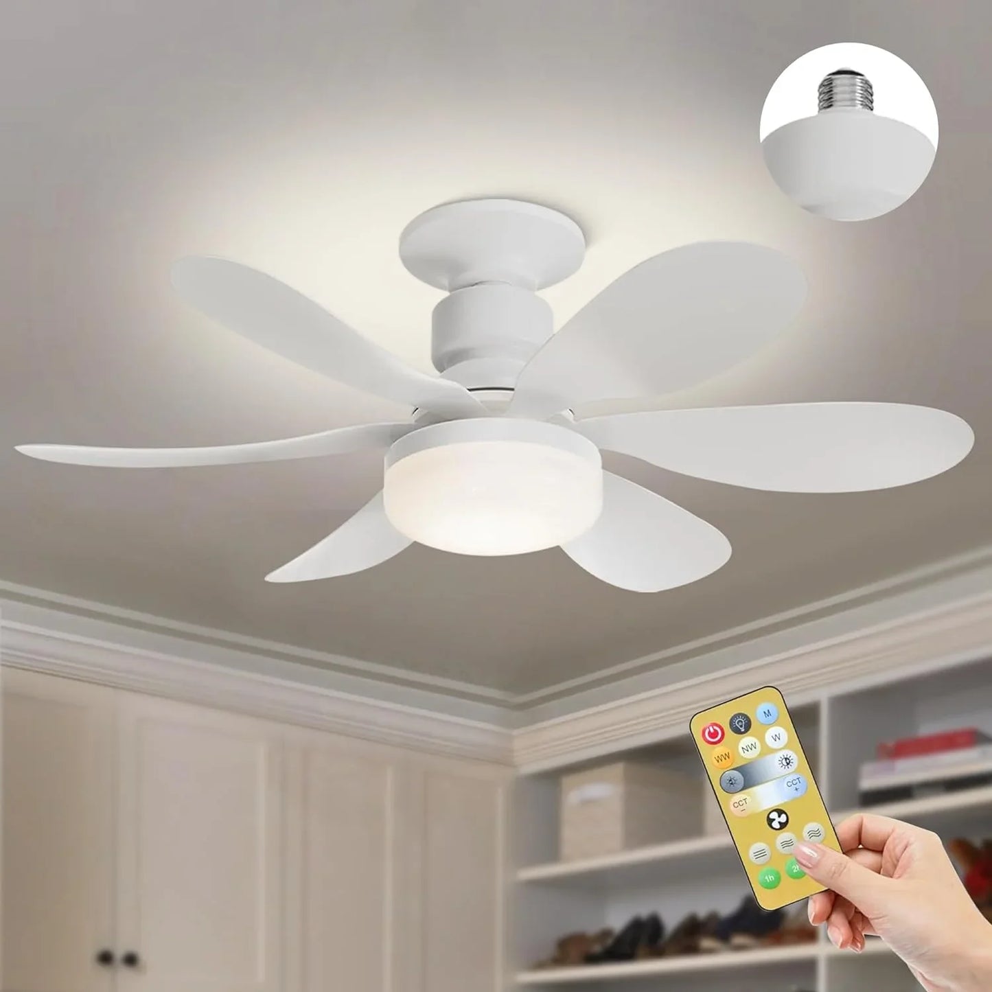 E27 Socket Ceiling Fan With Dimmable LED Light & Remote Control