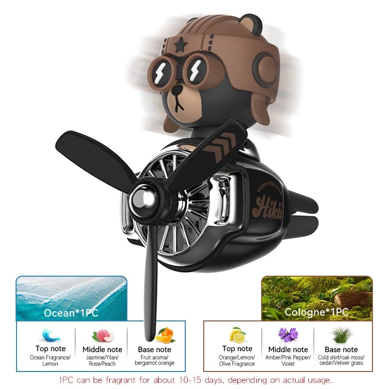 Pilot Bear Airplane Car Air Freshener – Rotating Propeller Vent Clip With Ocean Fragrance Tablet - Goodify Mart