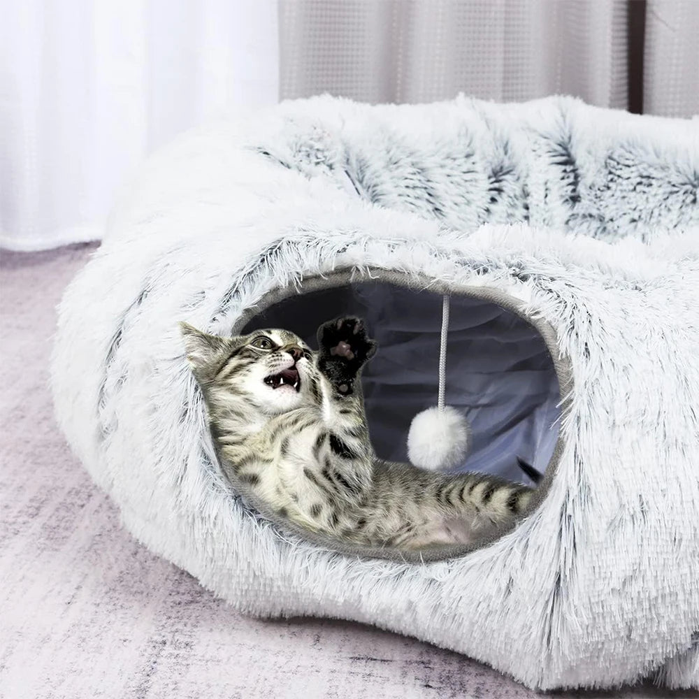 2-In-1 Plush Cat Tunnel Bed – Foldable Warm Round Hideaway Nest