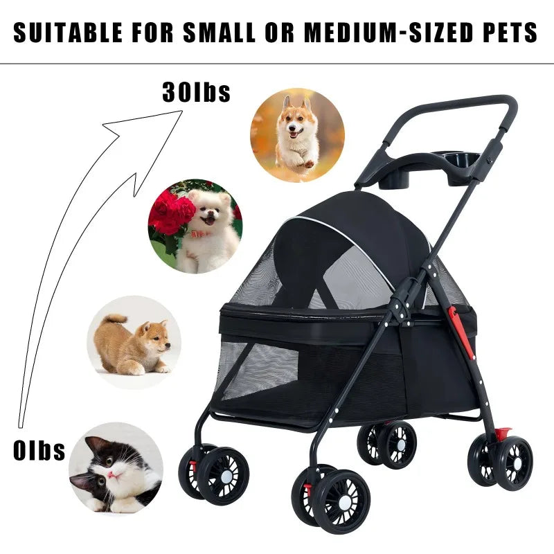 Foldable Pet Stroller For Dogs & Cats – Detachable Carrier With 360° Front Wheel