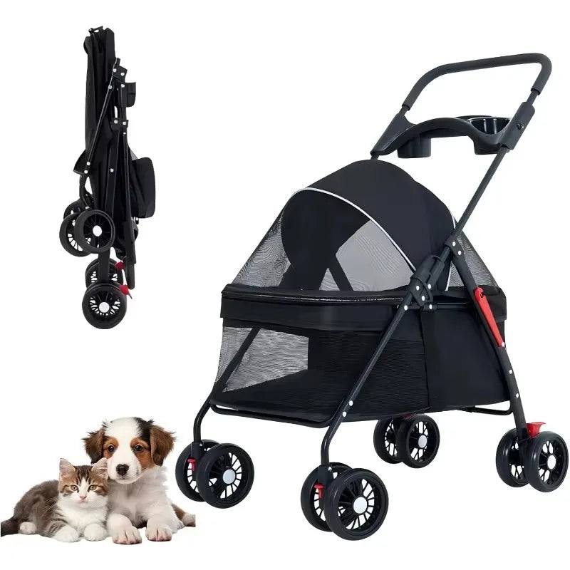 Foldable Pet Stroller For Dogs & Cats – Detachable Carrier With 360° Front Wheel
