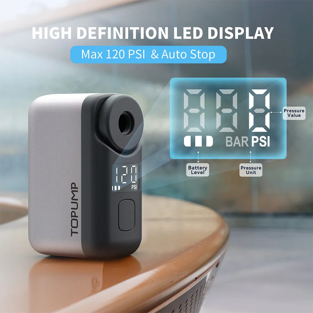 TOPUMP TB2 Pro Mini Electric Bike Pump – 120 PSI Cordless Tire Inflator With Digital Display