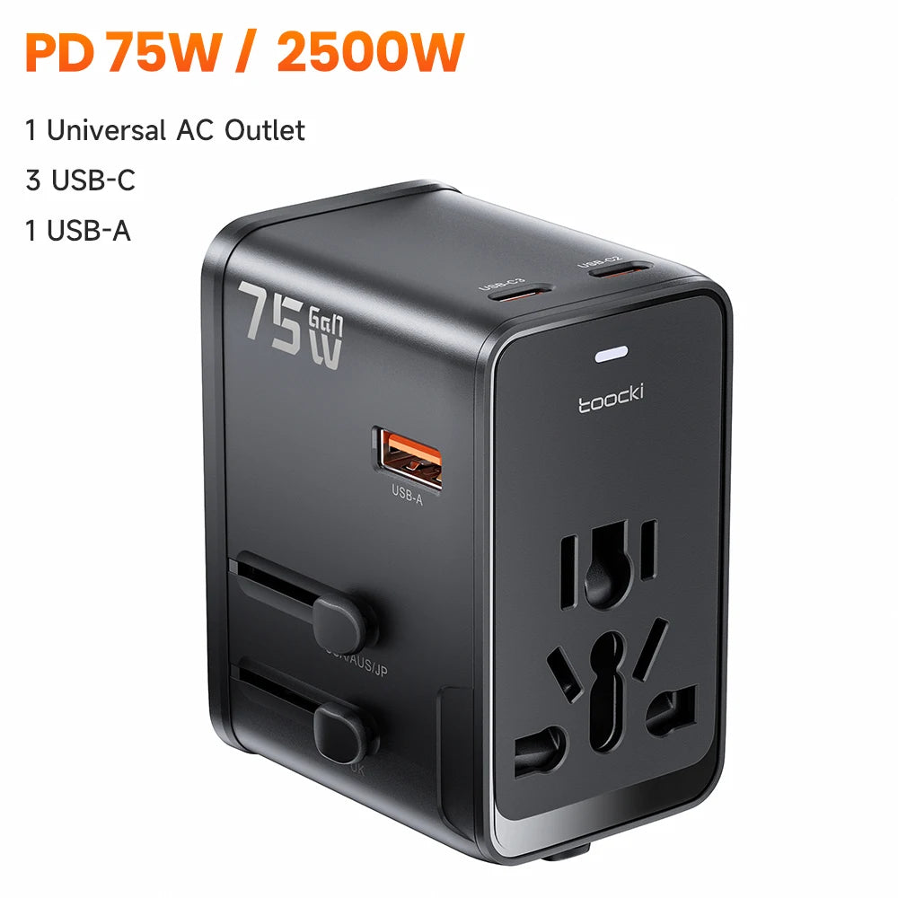 75W GaN Universal Travel Adapter – 3 USB-C, USB-A & AC Outlet for US, UK, EU and Australia