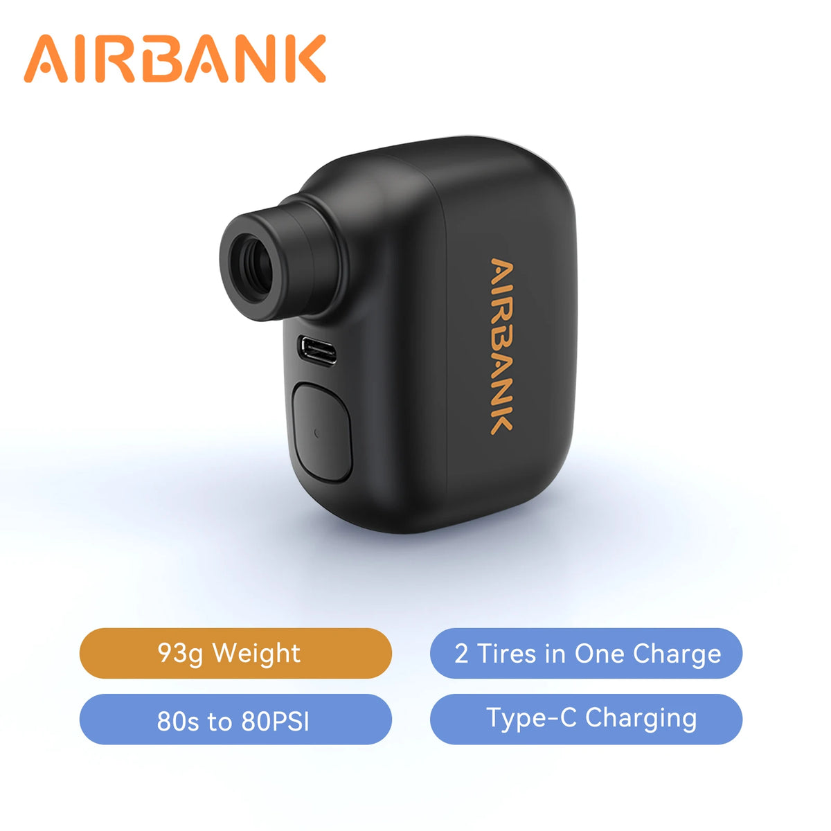AIRBANK AS100 Mini Electric Bike Pump – 100 PSI USB-C Rechargeable Inflator for Presta & Schrader Valves