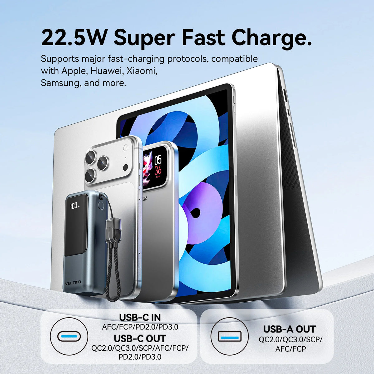 Vention 10,000mAh Mini Power Bank With Built-In USB-C Cable – 22.5W Fast Charger