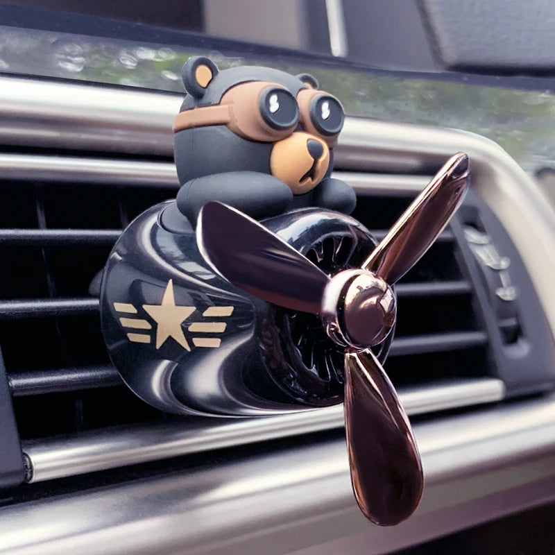 Pilot Bear Airplane Car Air Freshener – Rotating Propeller Vent Clip With Ocean Fragrance Tablet