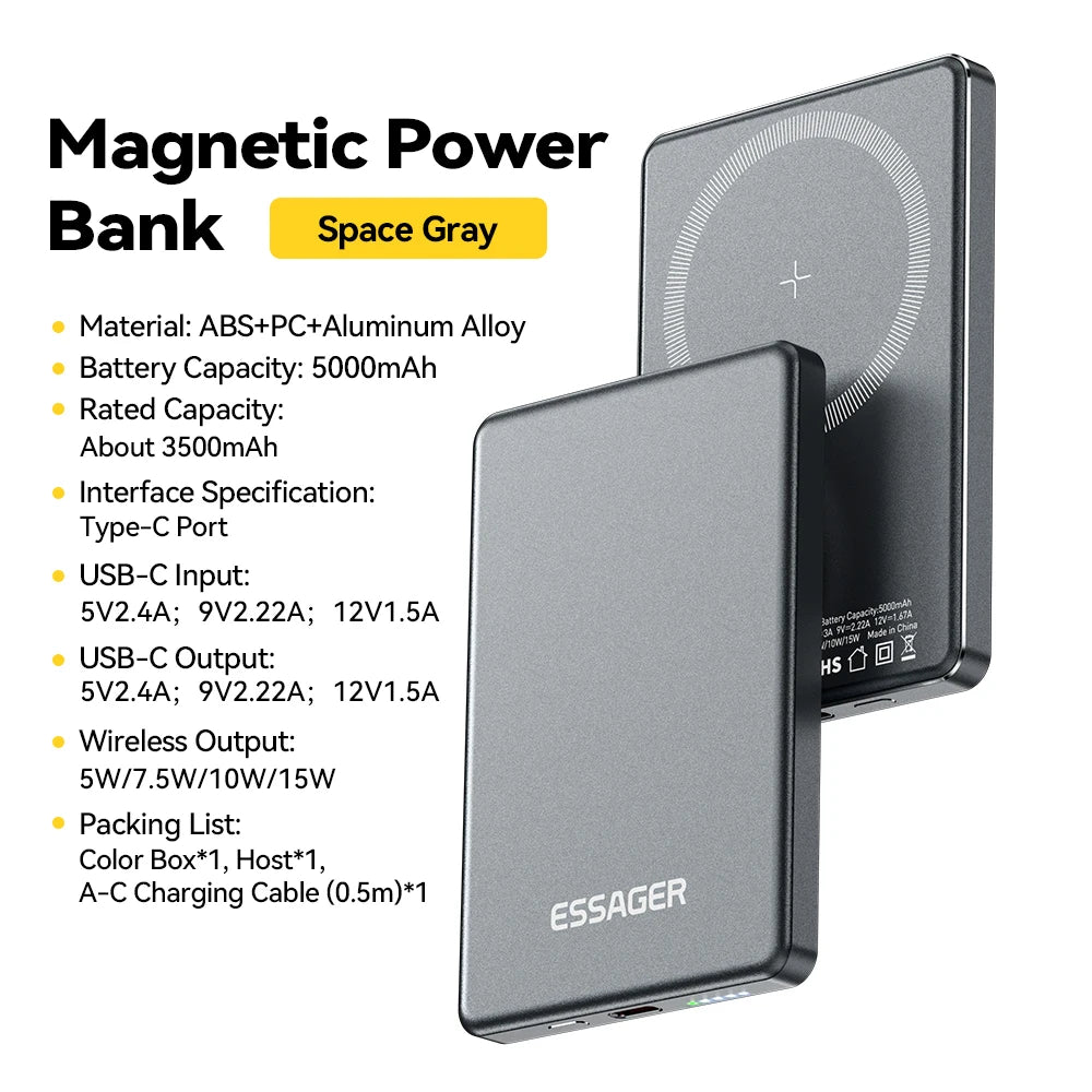 Essager 5,000mAh Slim Magnetic Wireless Power Bank – 20W USB-C Fast Charger