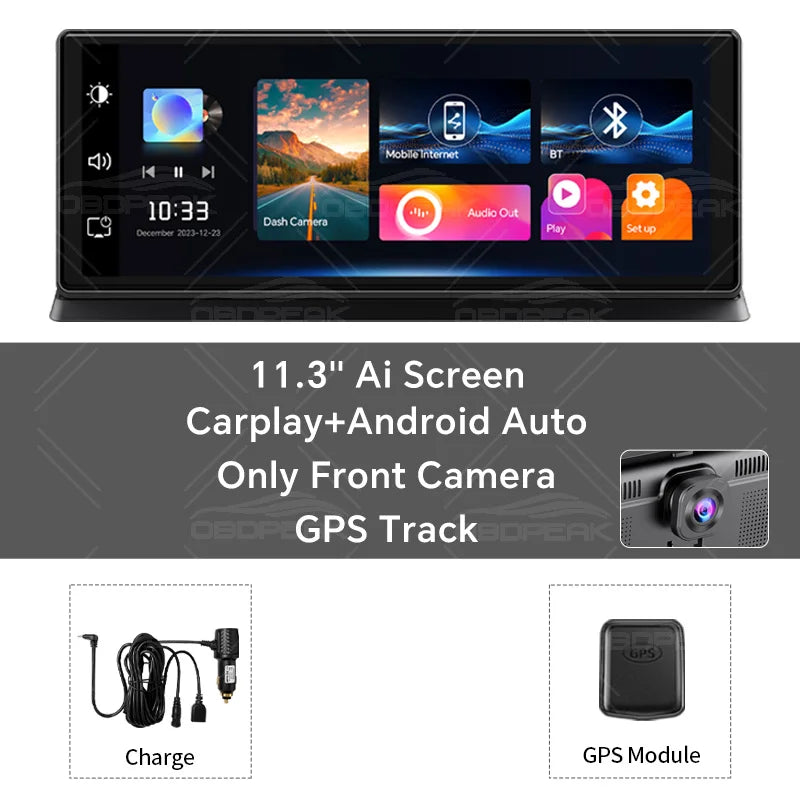 OBDPEAK K2 Pro 11.3″ Wireless CarPlay & Android Auto Screen – 4K Dual Dash Cam With GPS Navigation