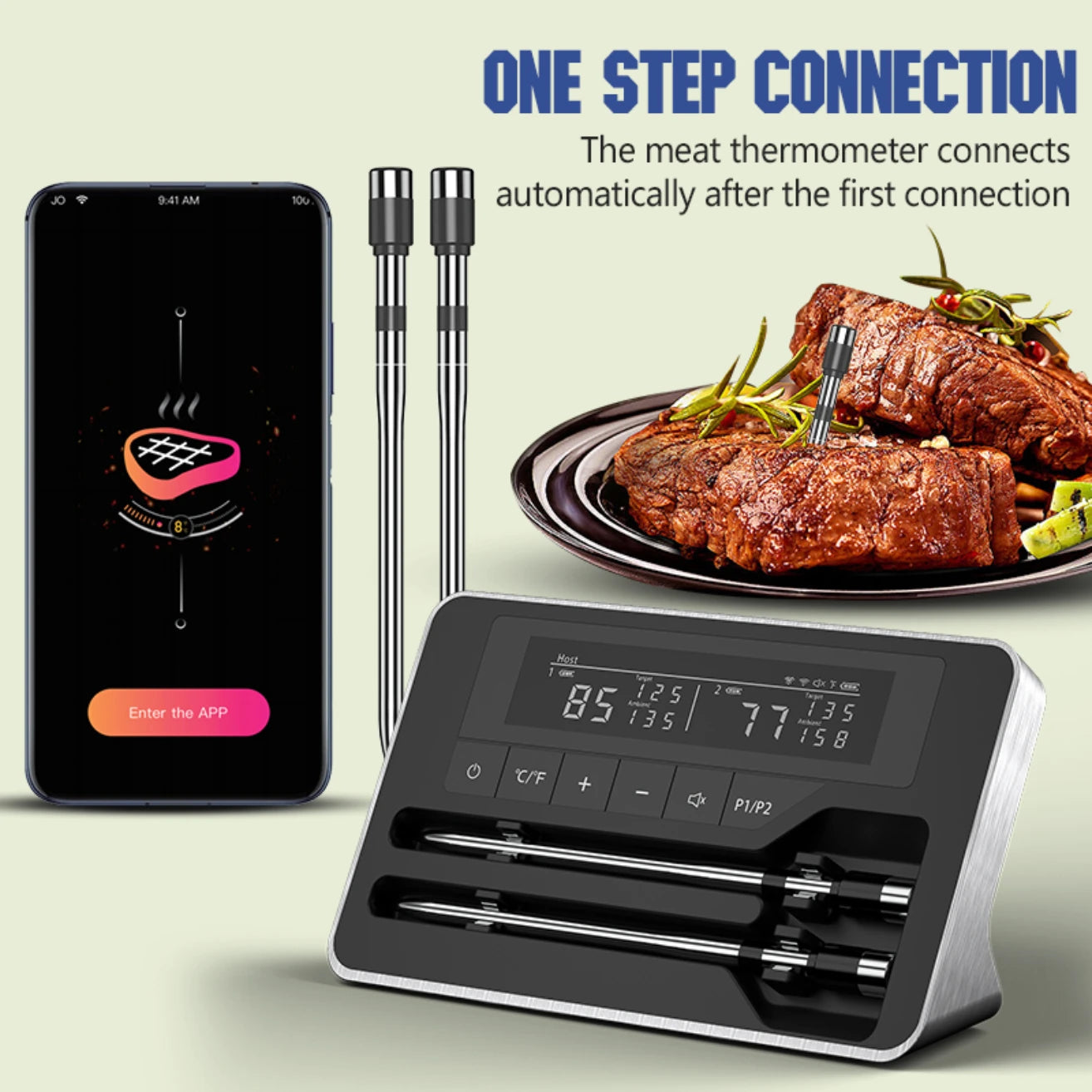 Smart Wireless Meat Thermometer with Bluetooth – Ultra-Thin 5mm Probe & Large LCD Display for BBQ, Grill & Oven