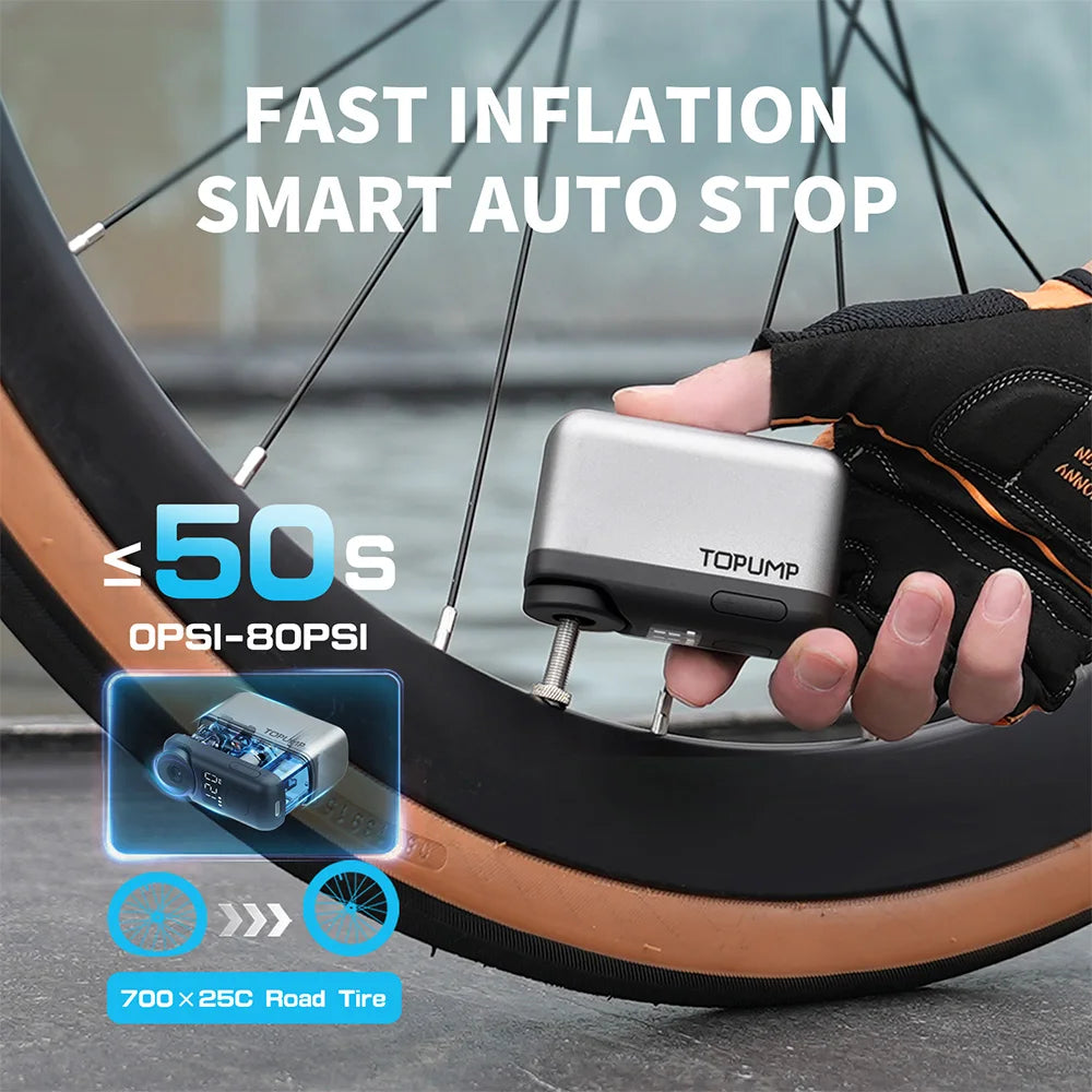 TOPUMP TB2 Pro Mini Electric Bike Pump – 120 PSI Cordless Tire Inflator With Digital Display