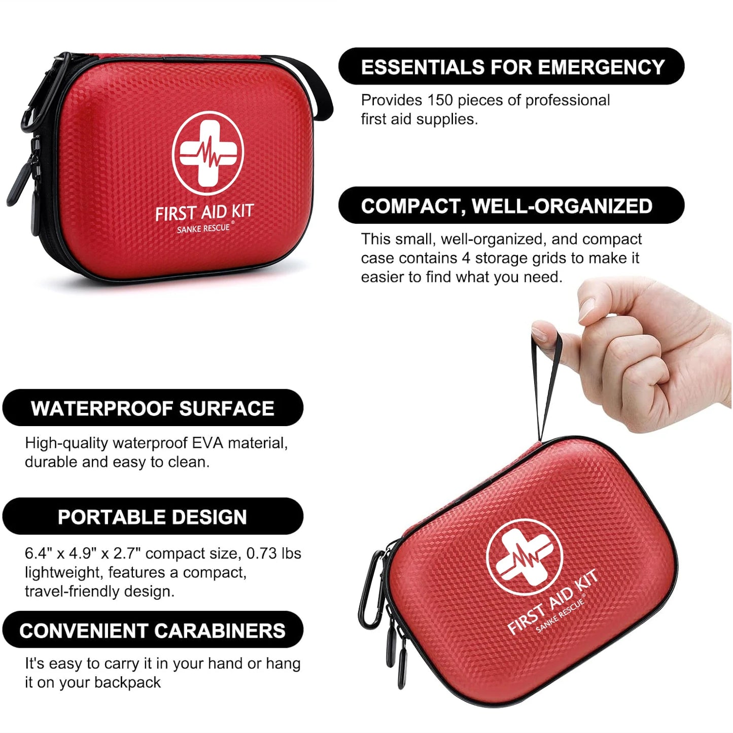 150-Piece Compact First Aid Kit – Water-Resistant EVA Hard Case for Car, Travel and Camping