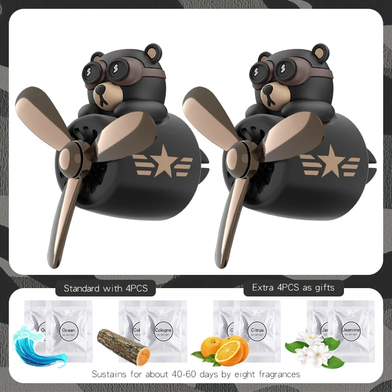 Pilot Bear Airplane Car Air Freshener – Rotating Propeller Vent Clip With Ocean Fragrance Tablet