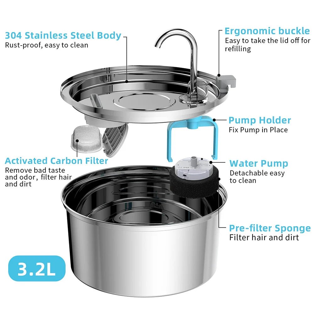 Stainless Steel Cat Water Fountain – 3L USB Electric Pet Water Dispenser with Double Filtration & Ultra-Quiet Pump - Goodify Mart
