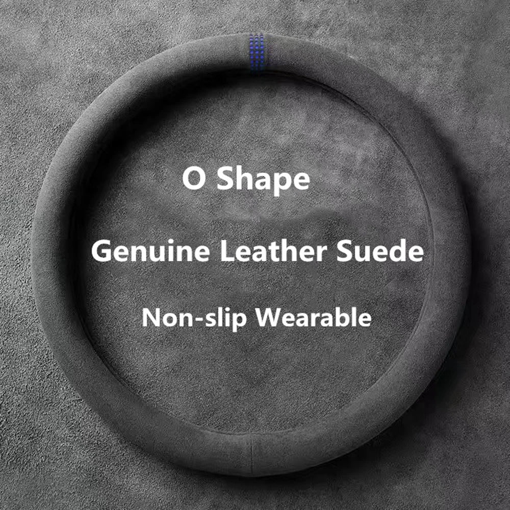 Cowhide Suede Steering Wheel Cover – Top Layer Leather Wrap Universal 37–38cm Non-Slip & Breathable