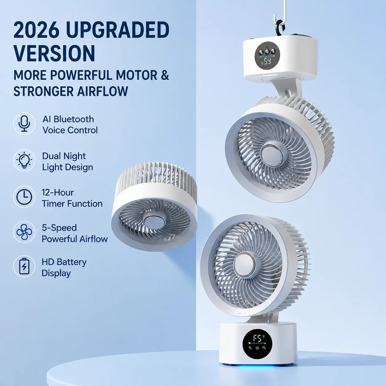 Portable Rechargeable Wall-Mounted Folding Fan With Remote Control & Night Light