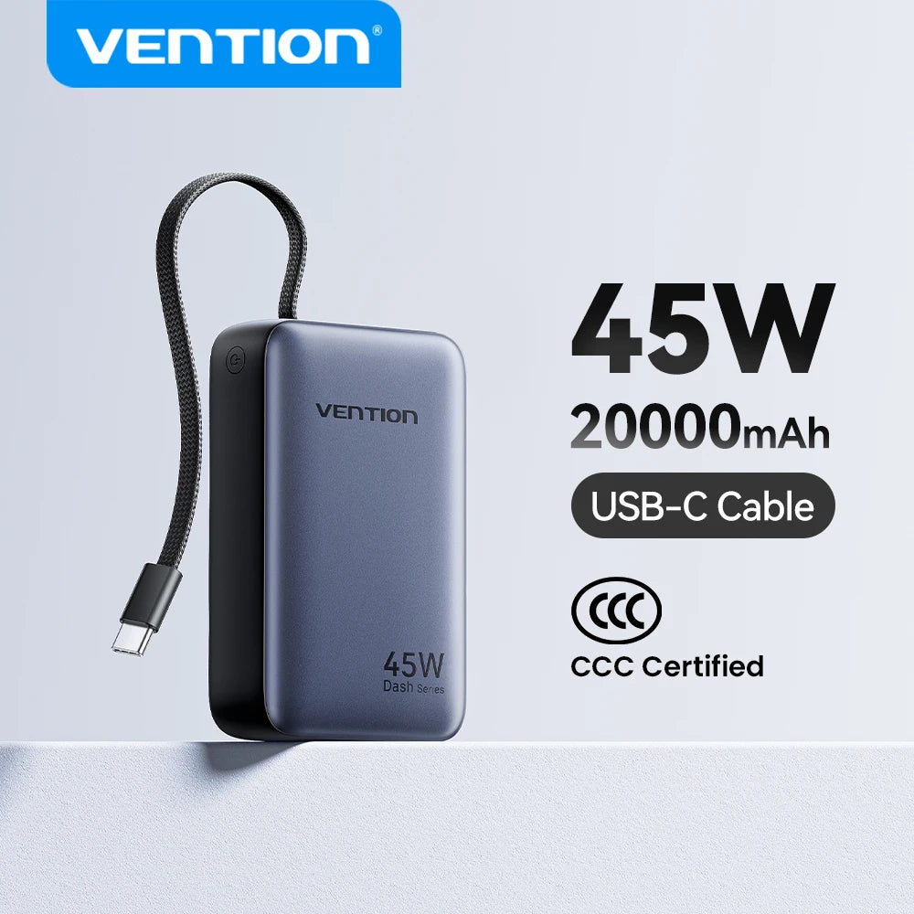 Vention 20,000mAh 45W Power Bank With Built-In USB-C Cable – PD 3.0 Fast Charger