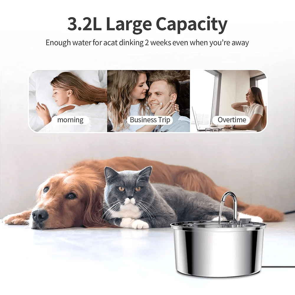 Stainless Steel Cat Water Fountain – 3L USB Electric Pet Water Dispenser with Double Filtration & Ultra-Quiet Pump - Goodify Mart