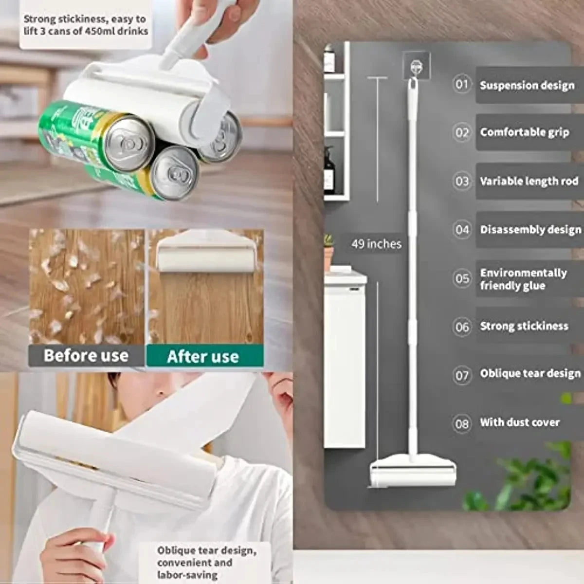 Long Handle Lint Roller for Pet Hair – Large Tear-Off Adhesive Cleaner for Sofa, Carpet & Upholstery