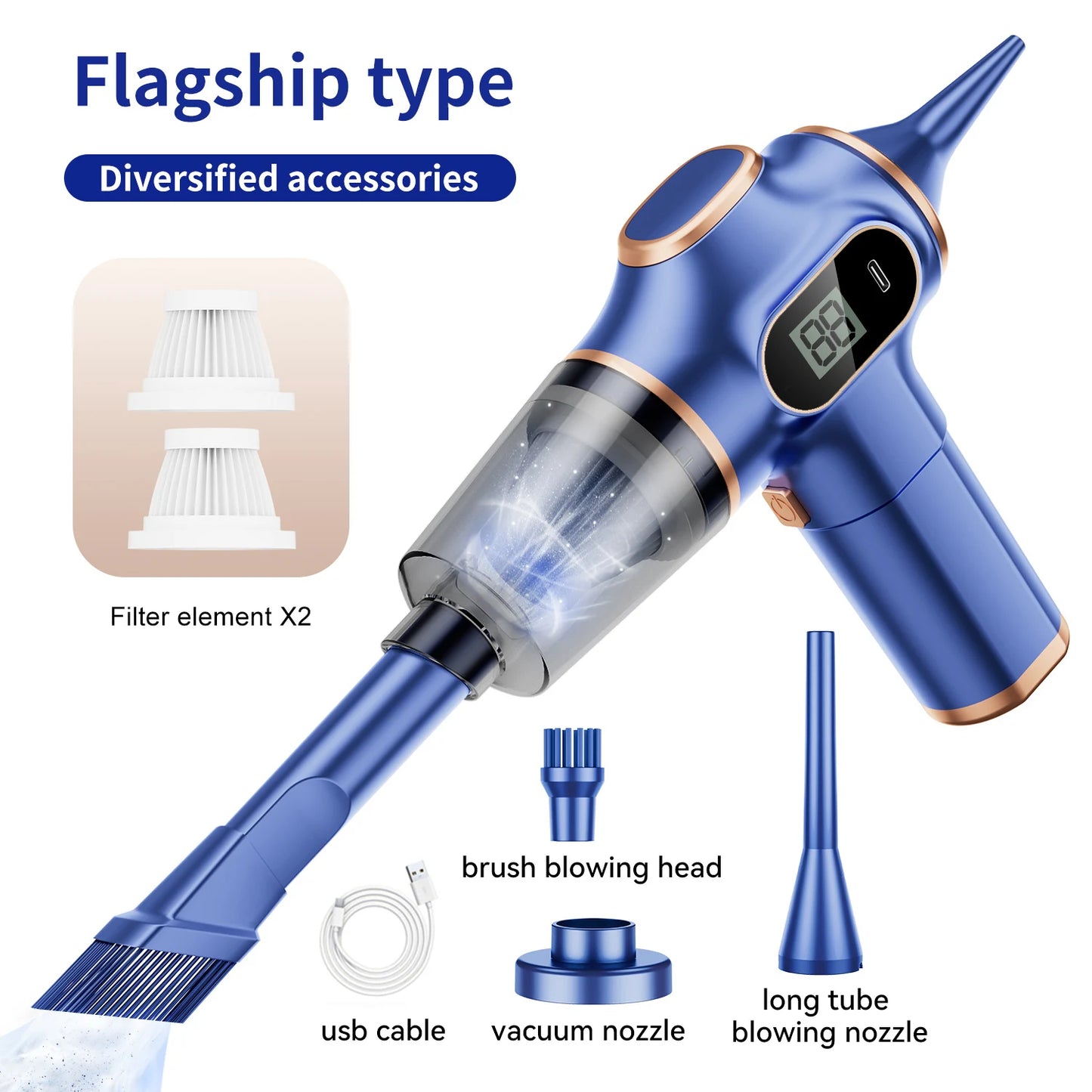 60W Cordless Handheld Car Vacuum – 2000mAh Bagless Cleaner With HEPA Filter