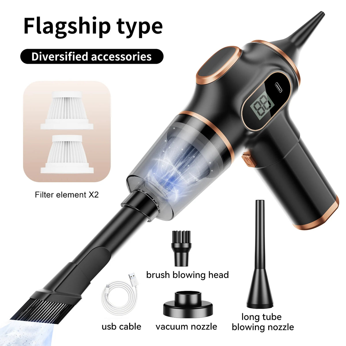 60W Cordless Handheld Car Vacuum – 2000mAh Bagless Cleaner With HEPA Filter
