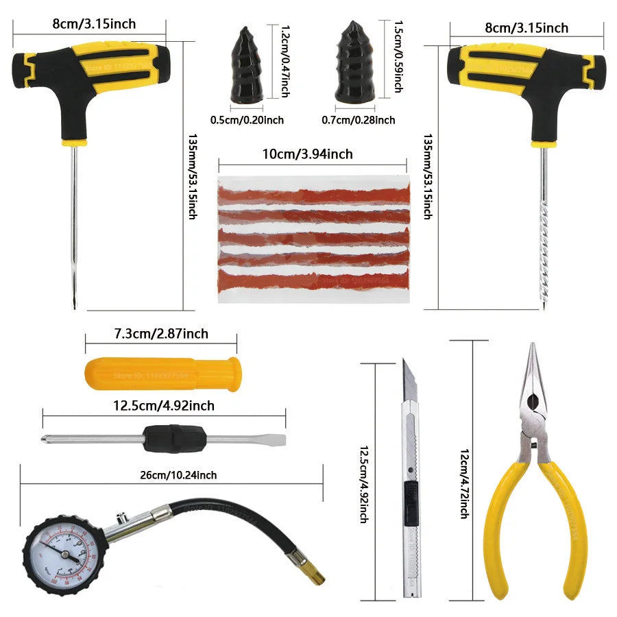 Emergency Tubeless Tire Repair Kit With T-Handle Plug Tools, Repair Strips & Storage Case