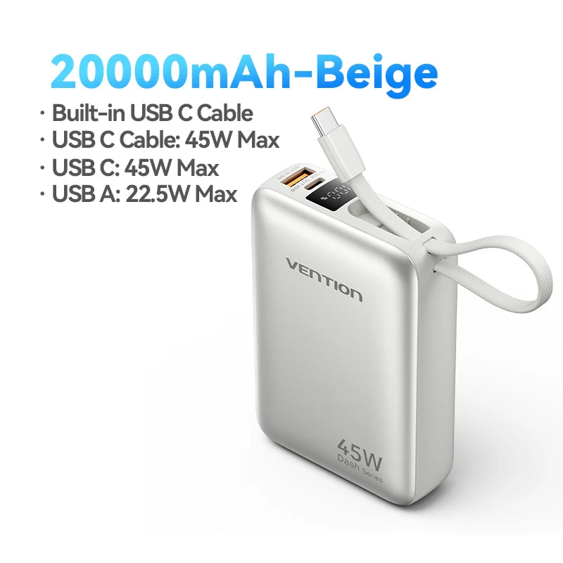 Vention 20,000mAh 45W Power Bank With Built-In USB-C Cable – PD 3.0 Fast Charger