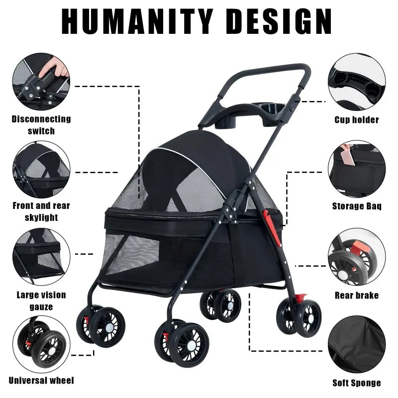 Foldable Pet Stroller For Dogs & Cats – Detachable Carrier With 360° Front Wheel