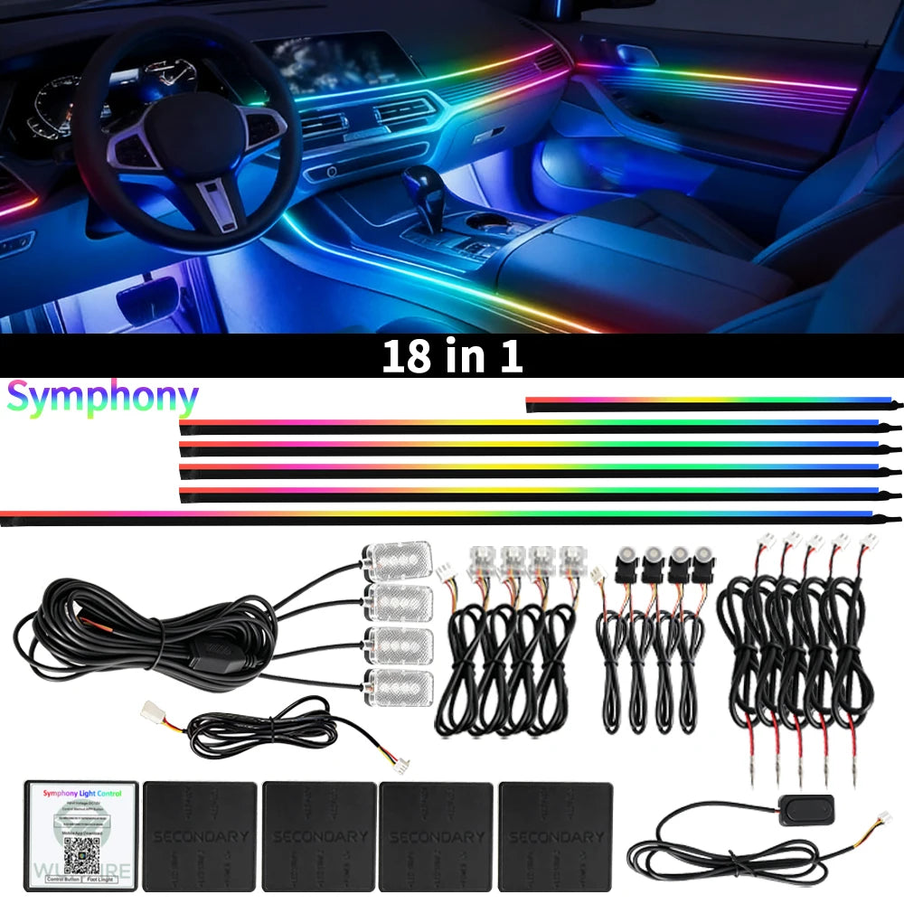 WUMFIRE 18-in-1 RGB Car Interior Ambient Light Kit – 64-Color App-Controlled Hidden Acrylic LED Strips