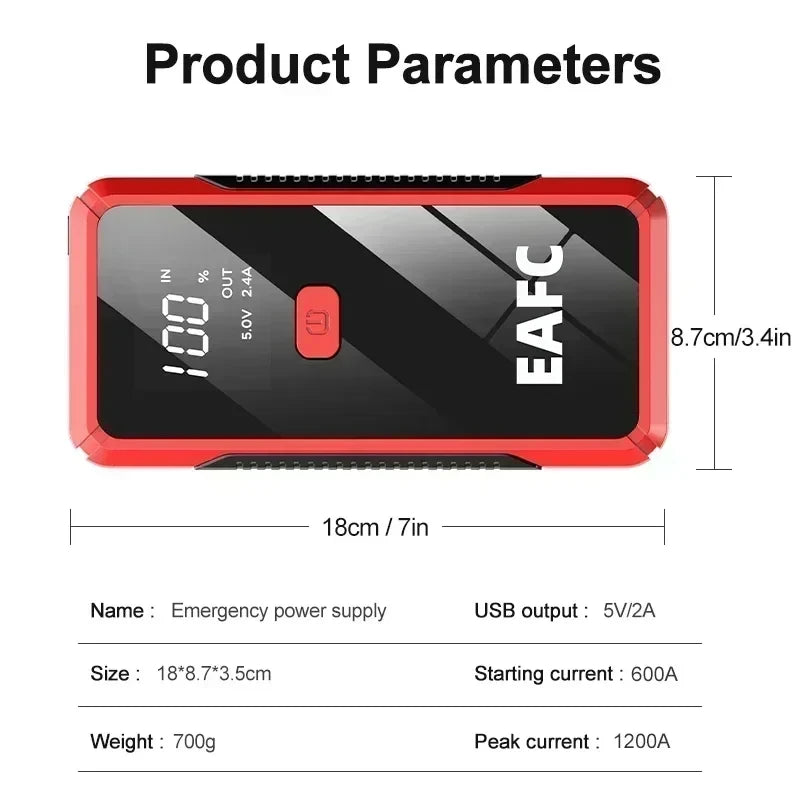 EAFC 12V Portable Car Jump Starter – 600A–2000A Battery Booster With Power Bank & LED Light