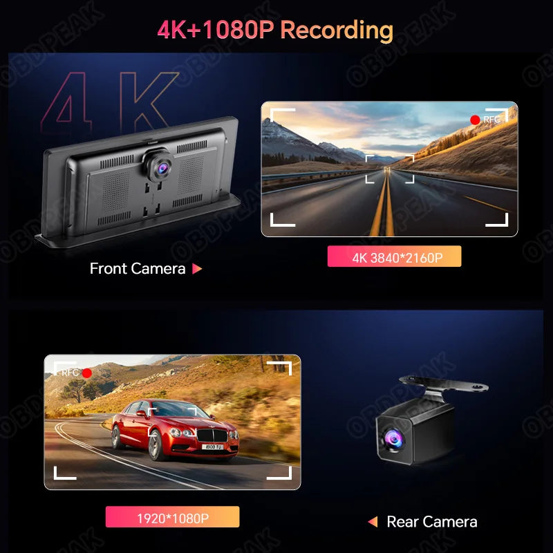 OBDPEAK K2 Pro 11.3″ Wireless CarPlay & Android Auto Screen – 4K Dual Dash Cam With GPS Navigation
