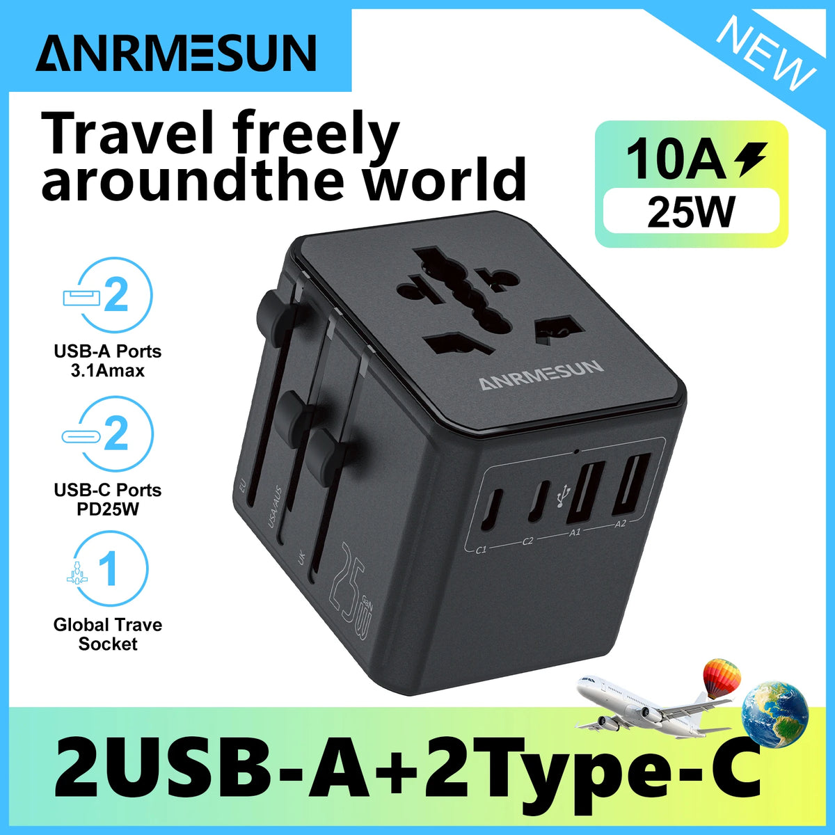 Universal International Travel Adapter – 1 AC Outlet, 2 USB-C & 2 USB-A Charging Ports - Goodify Mart