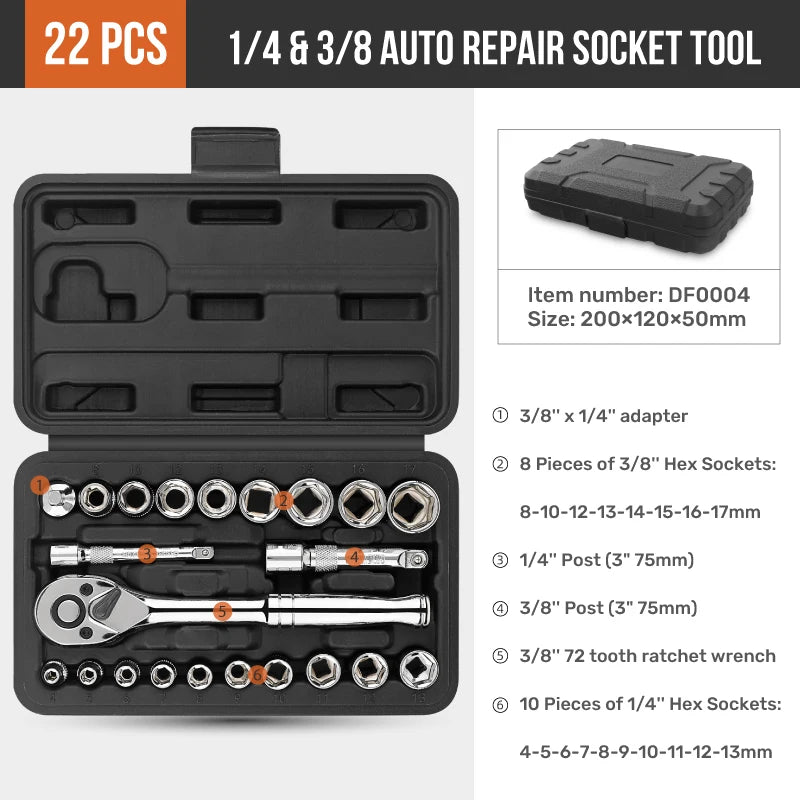Hi-Spec 22/46-Piece Socket Wrench Set – 1/4 & 3/8-Inch Drive Ratchet Tool Kit