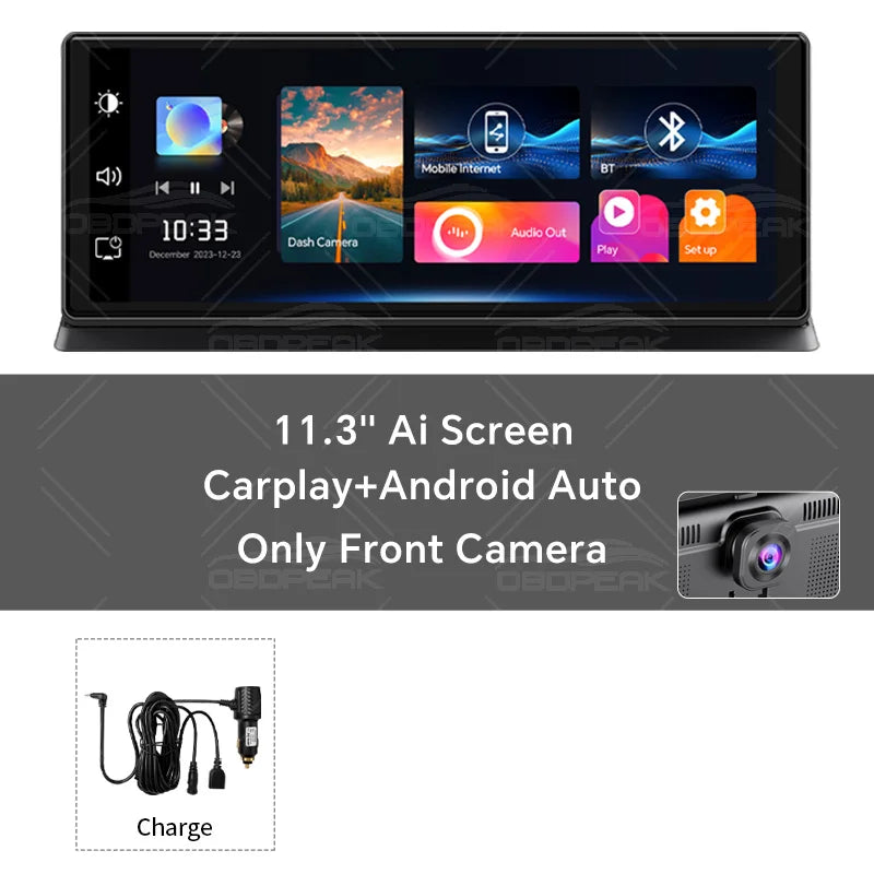 OBDPEAK K2 Pro 11.3″ Wireless CarPlay & Android Auto Screen – 4K Dual Dash Cam With GPS Navigation