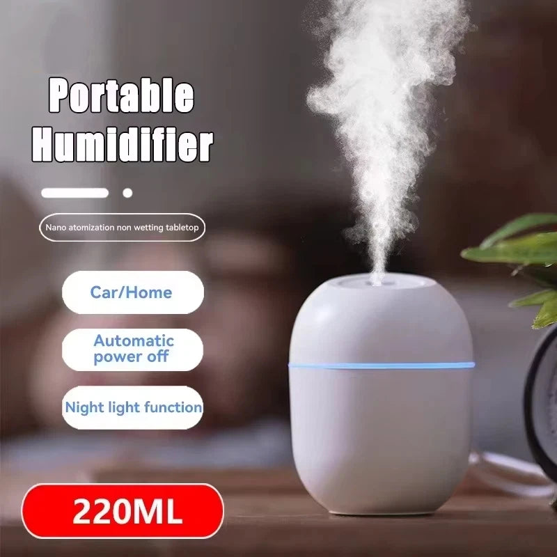 220ml USB Mini Humidifier With LED Night Light – Portable Mist Maker for Home, Office and Car