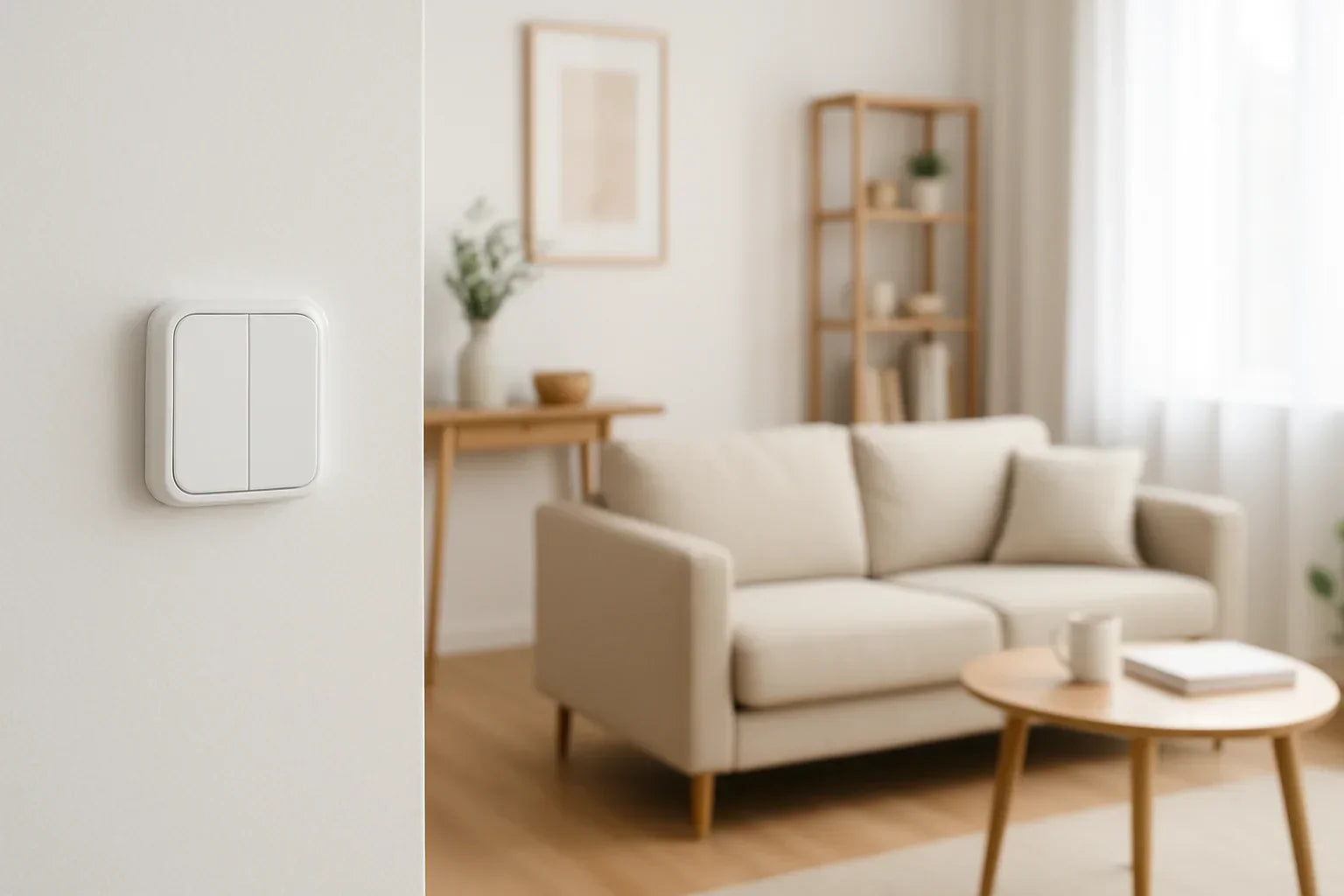 Modern living room with a wireless smart switch on a wall, bright lighting, and a neat, inviting space.