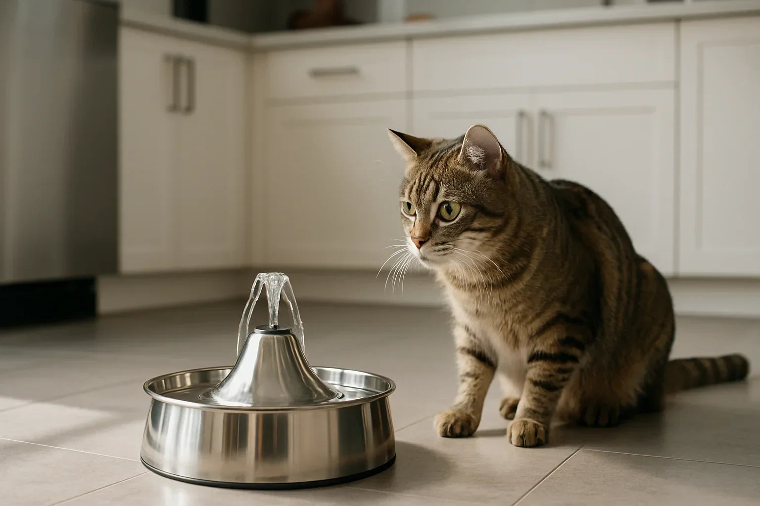 Modern kitchen scene with a stainless steel cat water fountain and a cat nearby, natural lighting, no text or logos.