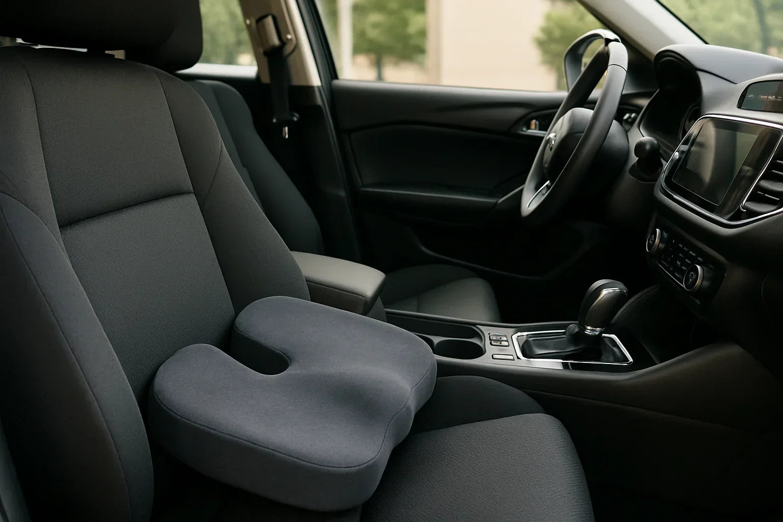 Memory foam seat cushion on a car seat in a modern car interior, soft daylight, clean setting.