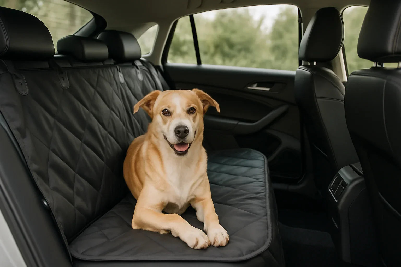 Dog sitting comfortably on a waterproof car pet seat cover in a clean car back seat, natural daylight, modern interior.