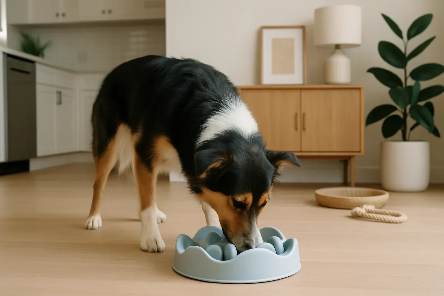 Medium-sized dog eating from a cloud-shaped slow feeder bowl in a modern home setting.
