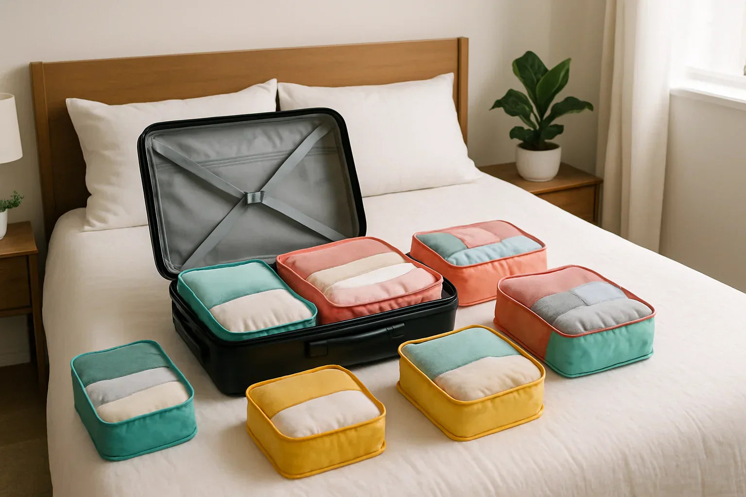 Open suitcase on a modern bed with colorful packing cubes and neatly folded clothes in a bright, tidy bedroom.