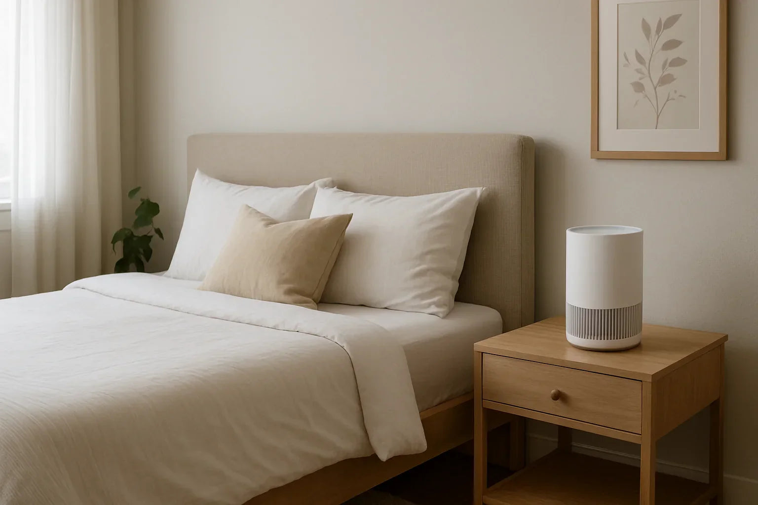 Modern bedroom with a HEPA air purifier on a nightstand, softly lit and tidy, showing a clean and inviting sleep environment.