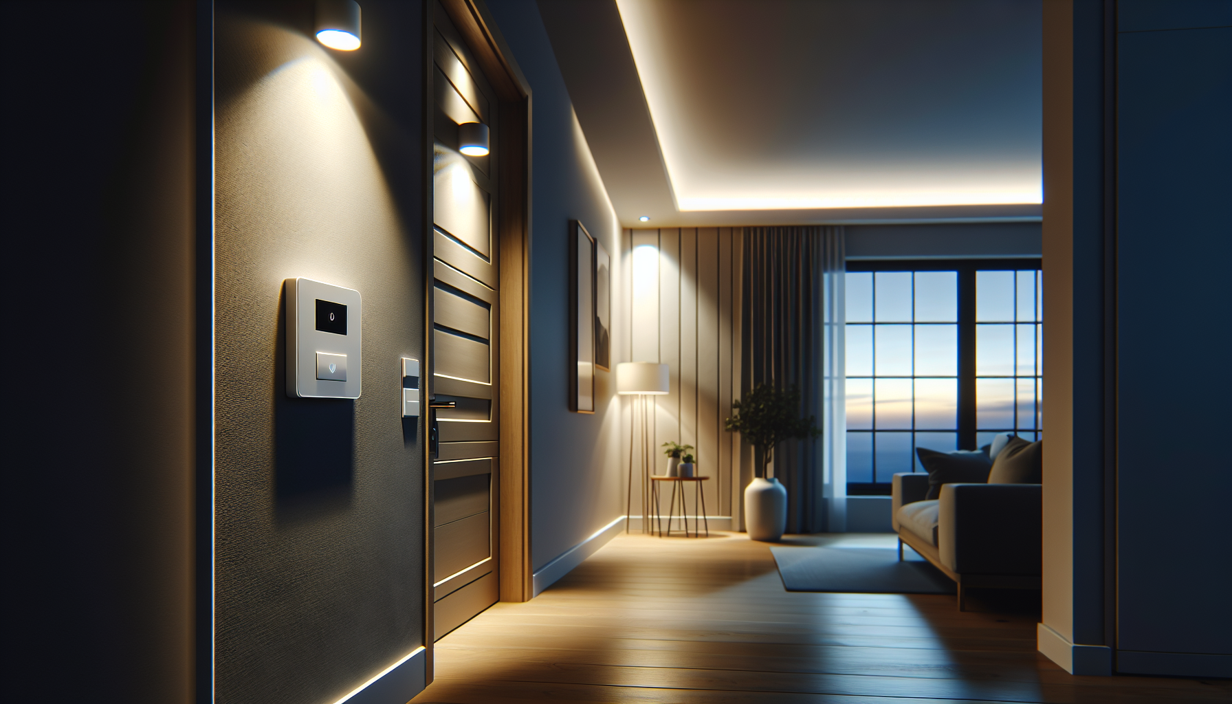 Modern hallway softly lit by a motion sensor light switch in a stylish home.