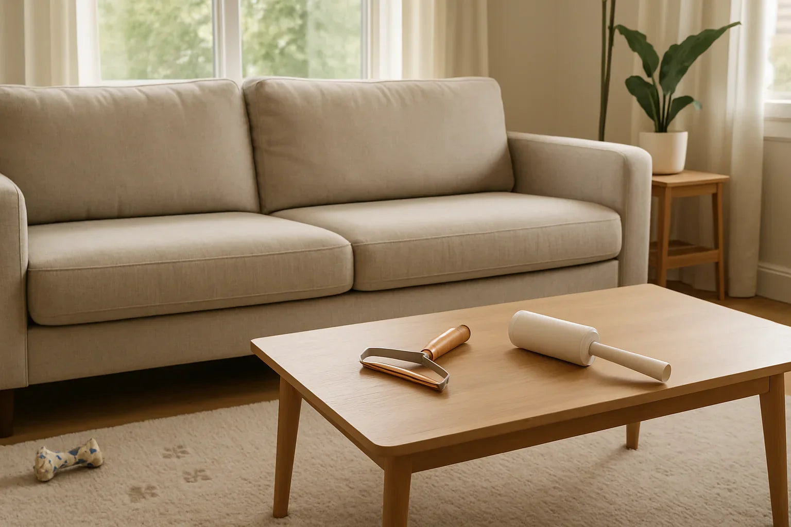 Clean modern living room with a fur-free couch and carpet, pet fur removal tools on a coffee table, natural daylight.