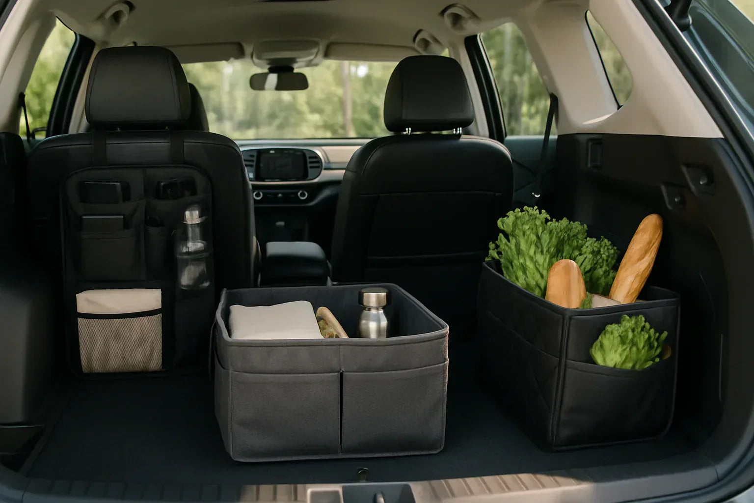 Clean modern car interior with organized trunk and seatback car organizers in natural daylight.