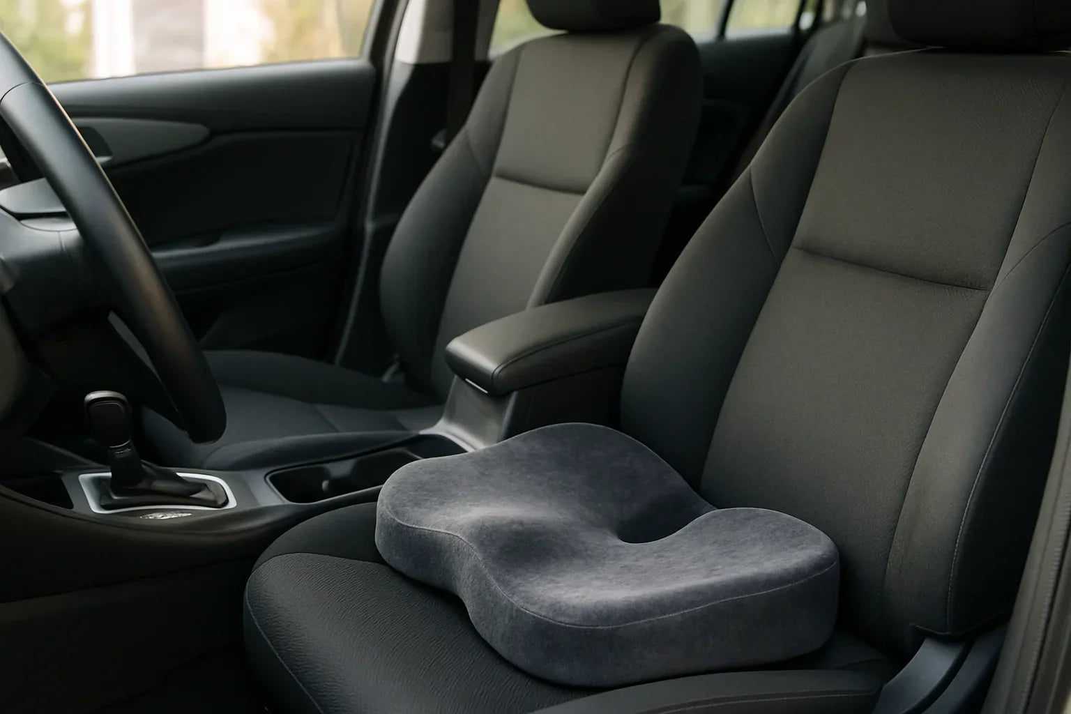 Memory foam seat cushion on a driver's seat in a modern car interior with natural daylight.