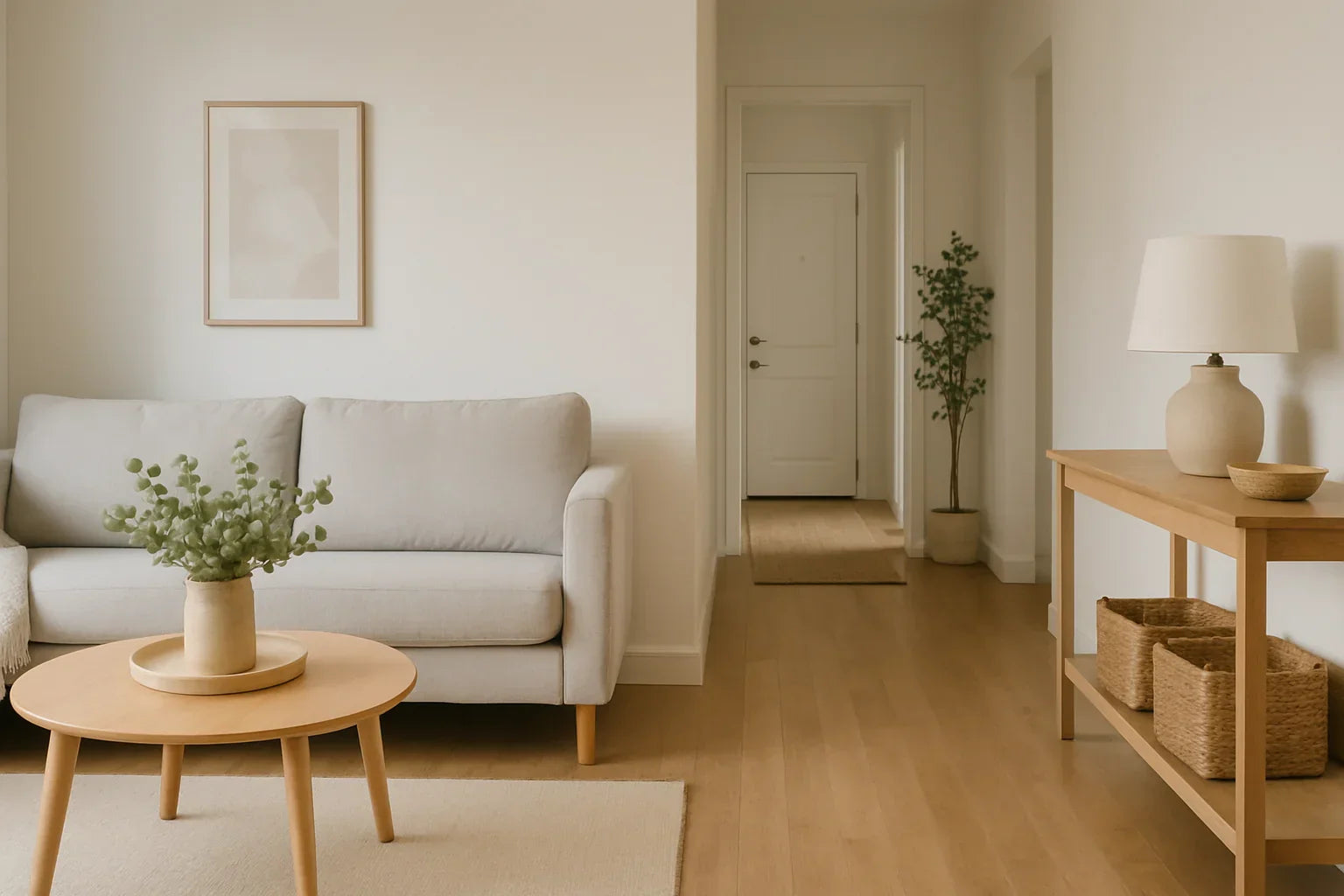 Modern home interior with living room and hallway in natural daylight, showing a safe and comfortable environment for indoor monitoring.
