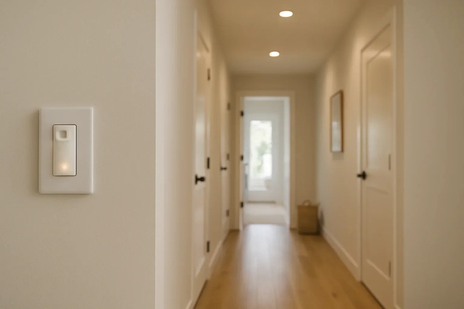 Motion sensor wall switch in a modern hallway with natural lighting.