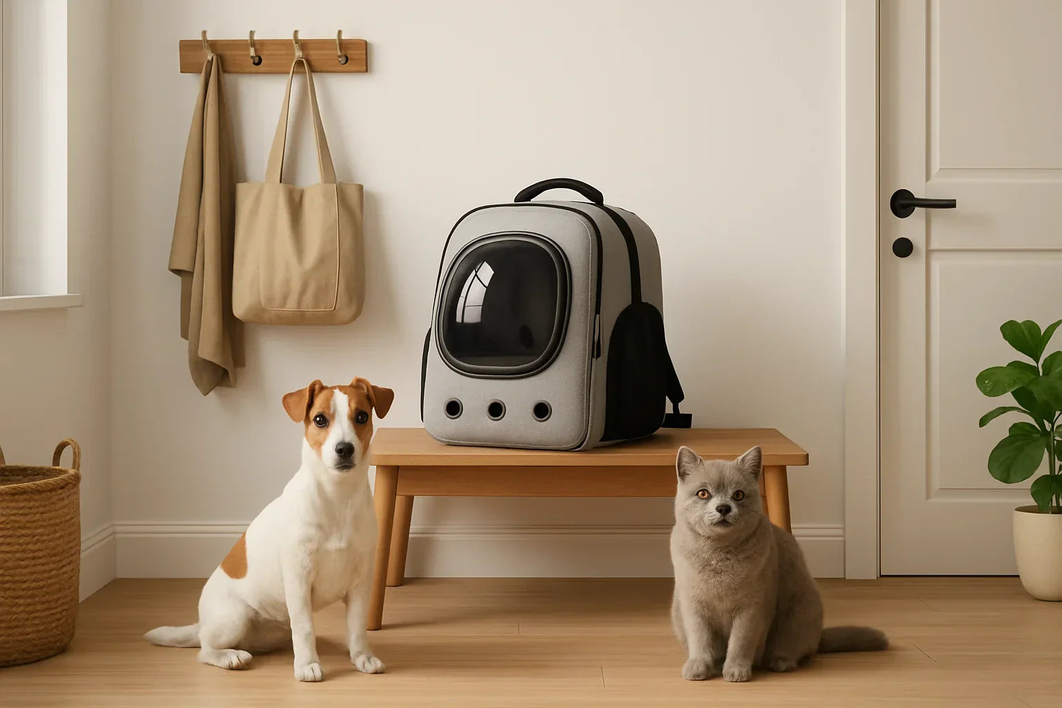 Pet carrier backpack in a bright home entryway with a calm cat and small dog beside it.